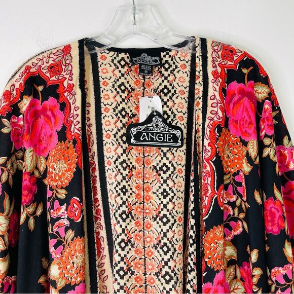NEW Angie pink black red floral boho cropped open kaftan medium - Picture 2 of 7